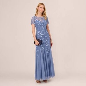 Adrianna Papell Frost Blue Beaded Evening Gown Size 14 NWT Formal Dress MOB